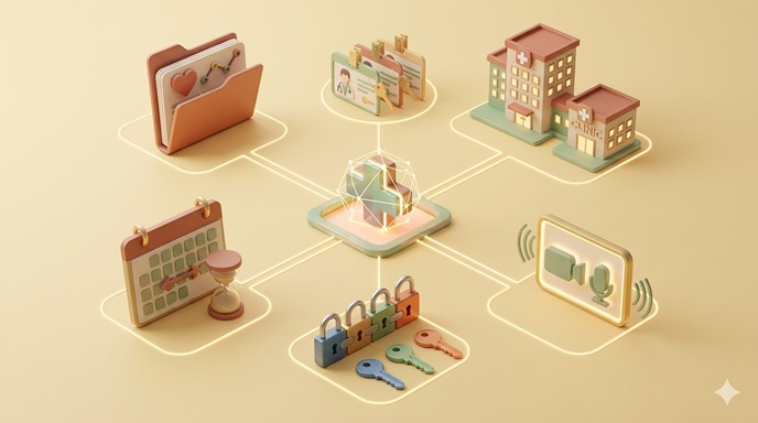 تصميم بصري يوضح مشروع تطبيب عن بعد وإدارة ملفات طبية